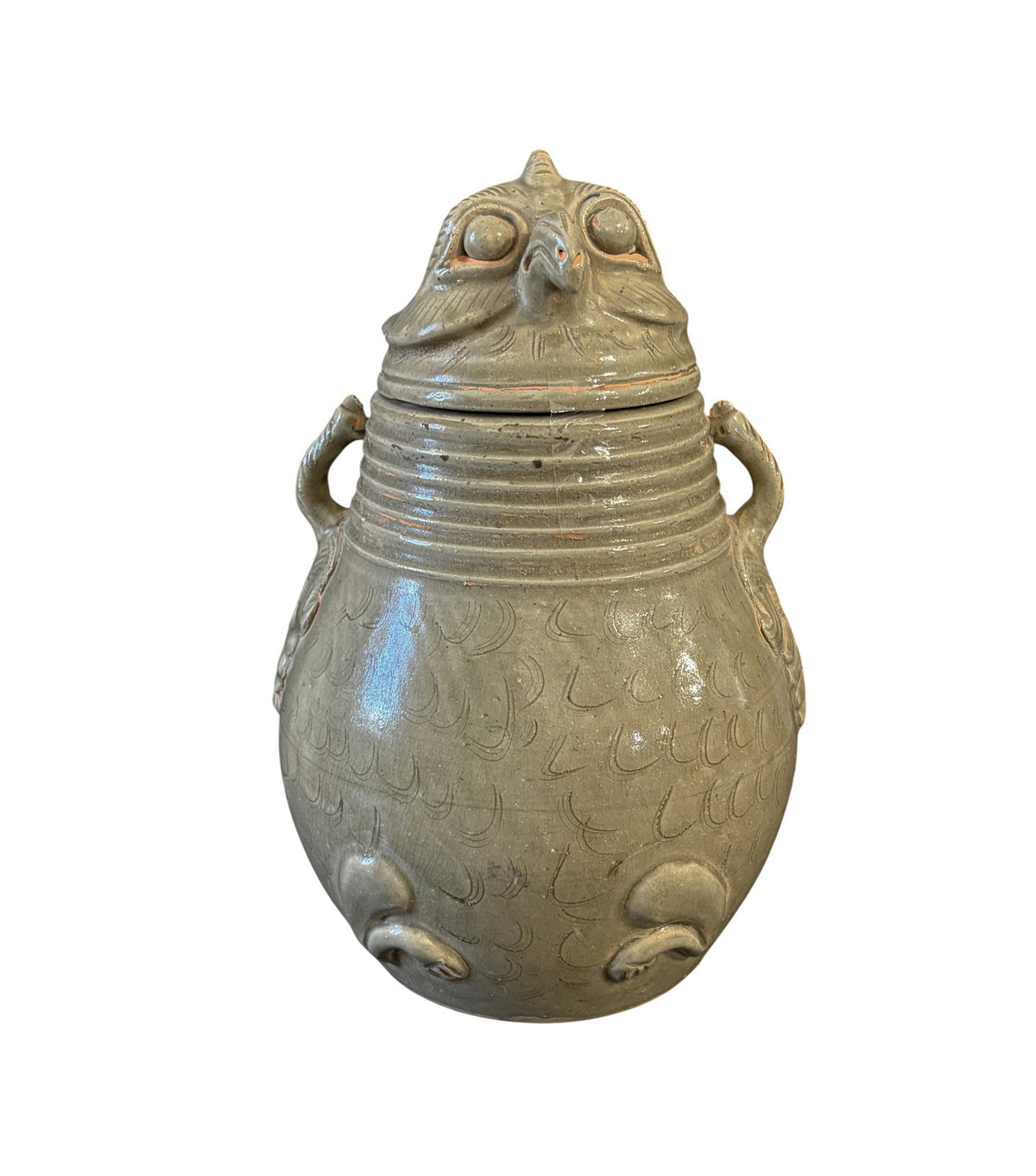 # 638 Vintage Chinoiserie Song Style Celadon-Glazed Ceramic Owl-Shaped Jar with a lid 11.5" H