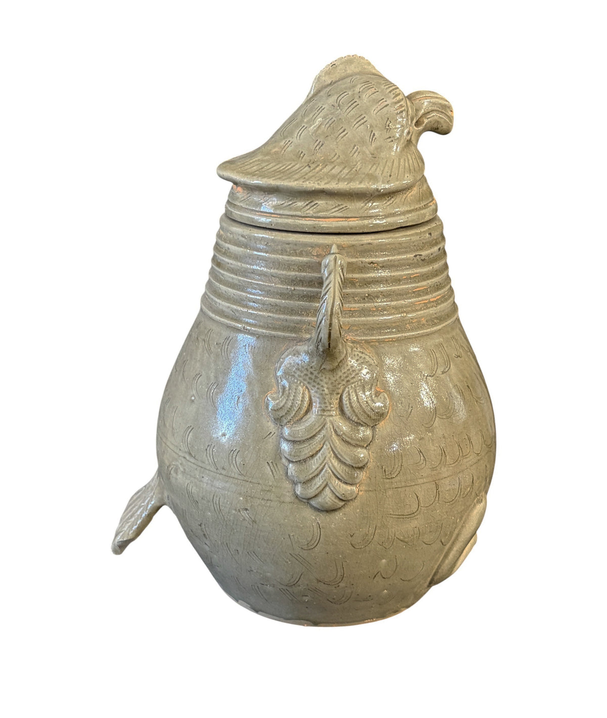 # 638 Vintage Chinoiserie Song Style Celadon-Glazed Ceramic Owl-Shaped Jar with a lid 11.5" H