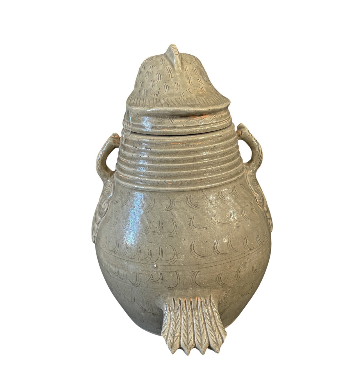 # 638 Vintage Chinoiserie Song Style Celadon-Glazed Ceramic Owl-Shaped Jar with a lid 11.5" H