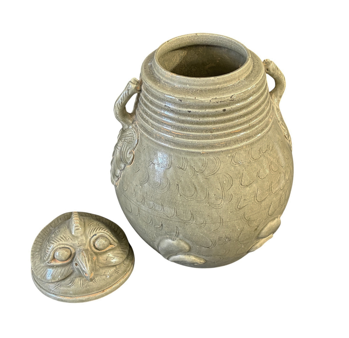 # 638 Vintage Chinoiserie Song Style Celadon-Glazed Ceramic Owl-Shaped Jar with a lid 11.5" H