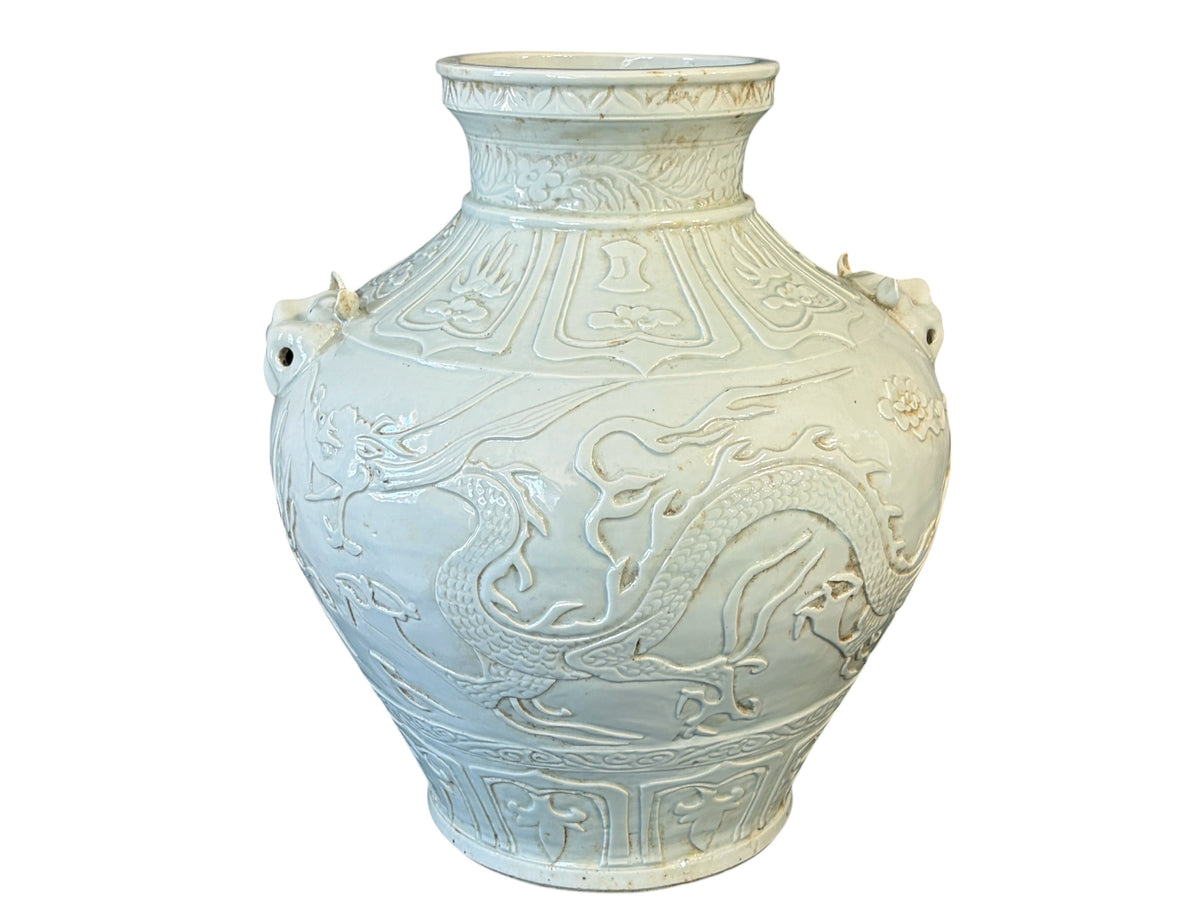 #639 Vintage Soft Celadon Yuan Dynasty Style Porcelain Jar With Embossed Dragon and  Cloud motifs, Animal-Mask Handles 15" H