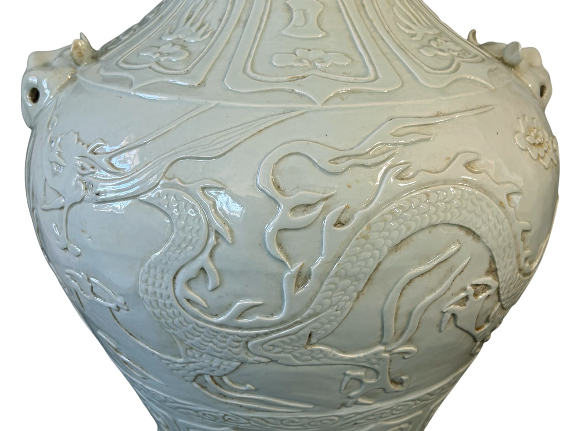 #639 Vintage Soft Celadon Yuan Dynasty Style Porcelain Jar With Embossed Dragon and  Cloud motifs, Animal-Mask Handles 15" H
