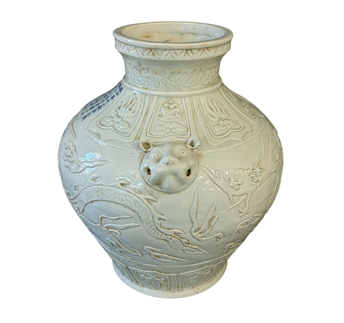 #639 Vintage Soft Celadon Yuan Dynasty Style Porcelain Jar With Embossed Dragon and  Cloud motifs, Animal-Mask Handles 15" H