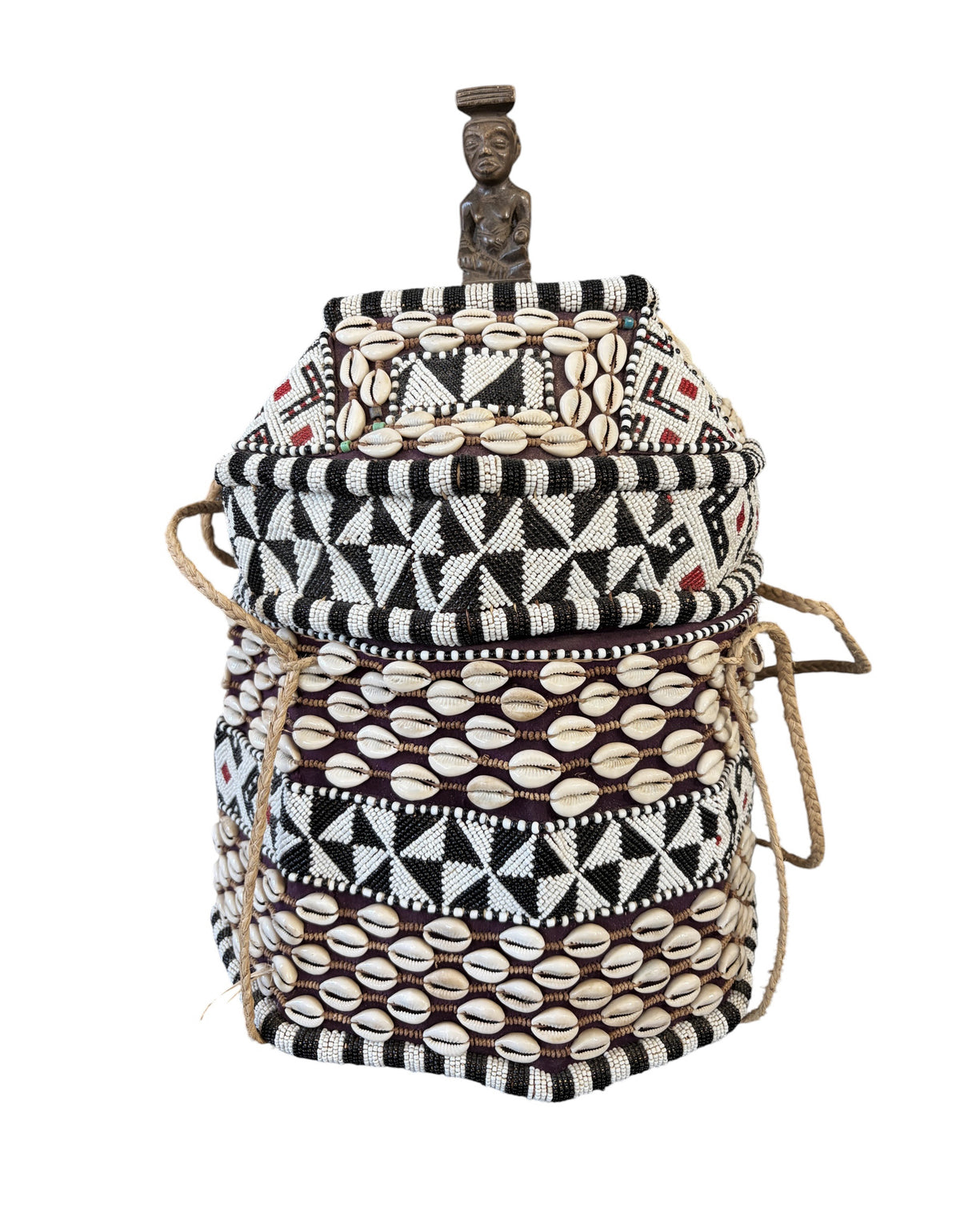 #1342 Vintage African Kuba Royal Beaded Basket Congo 21" H