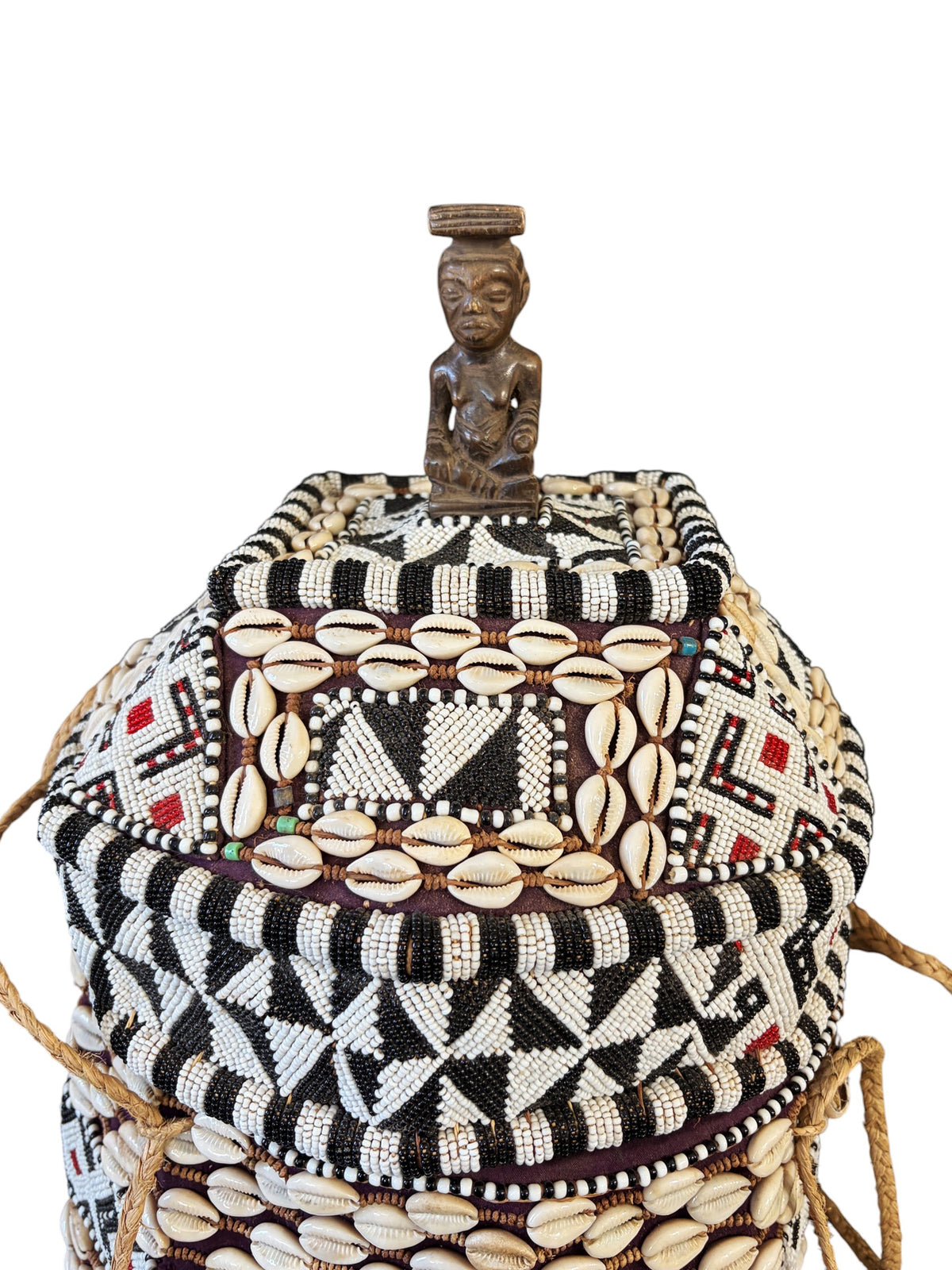 #1342 Vintage African Kuba Royal Beaded Basket Congo 21" H