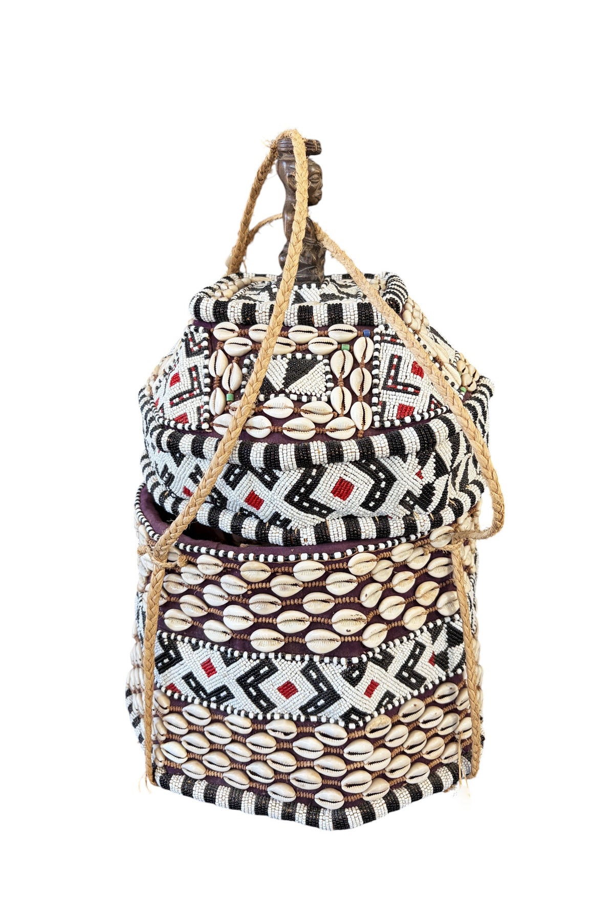 #1342 Vintage African Kuba Royal Beaded Basket Congo 21" H