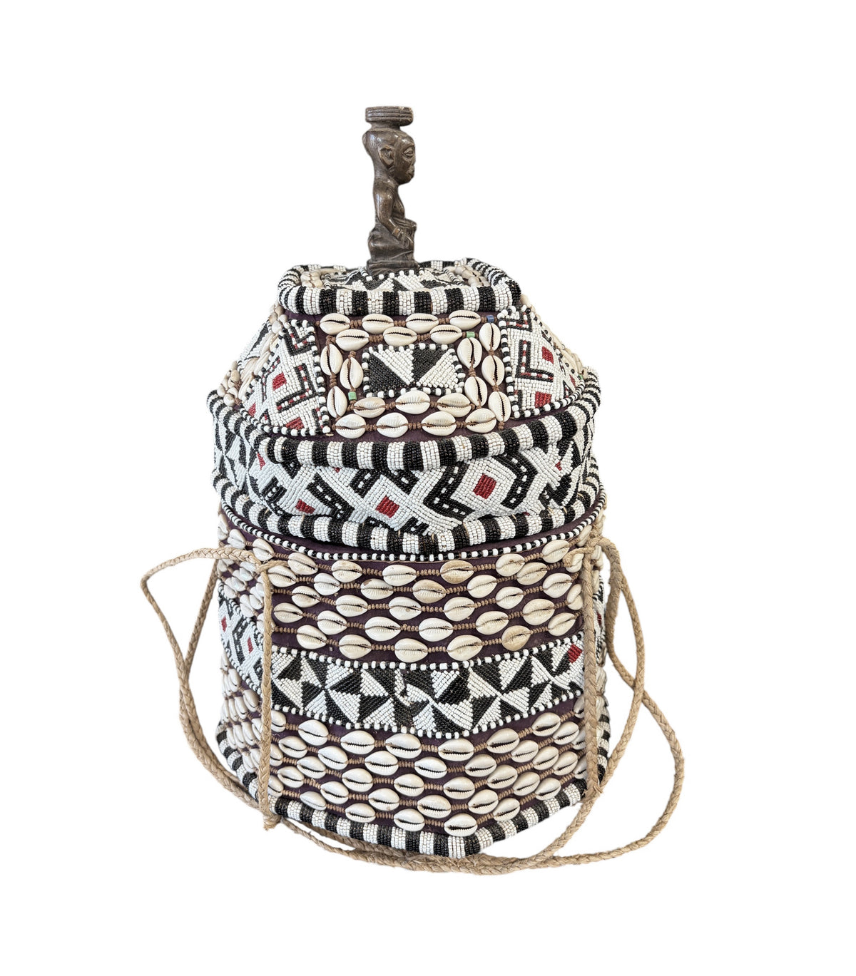 #1342 Vintage African Kuba Royal Beaded Basket Congo 21" H