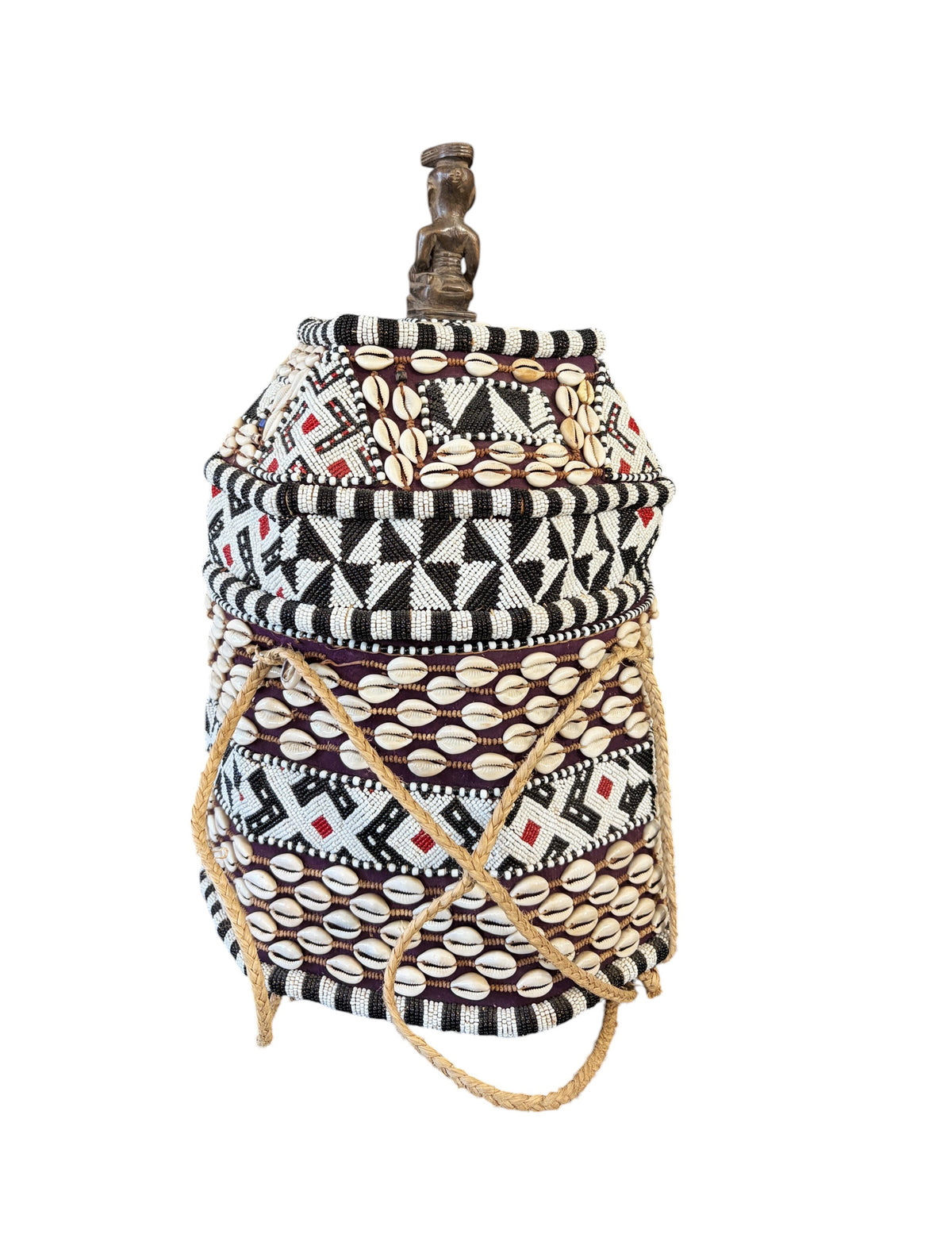 #1342 Vintage African Kuba Royal Beaded Basket Congo 21" H