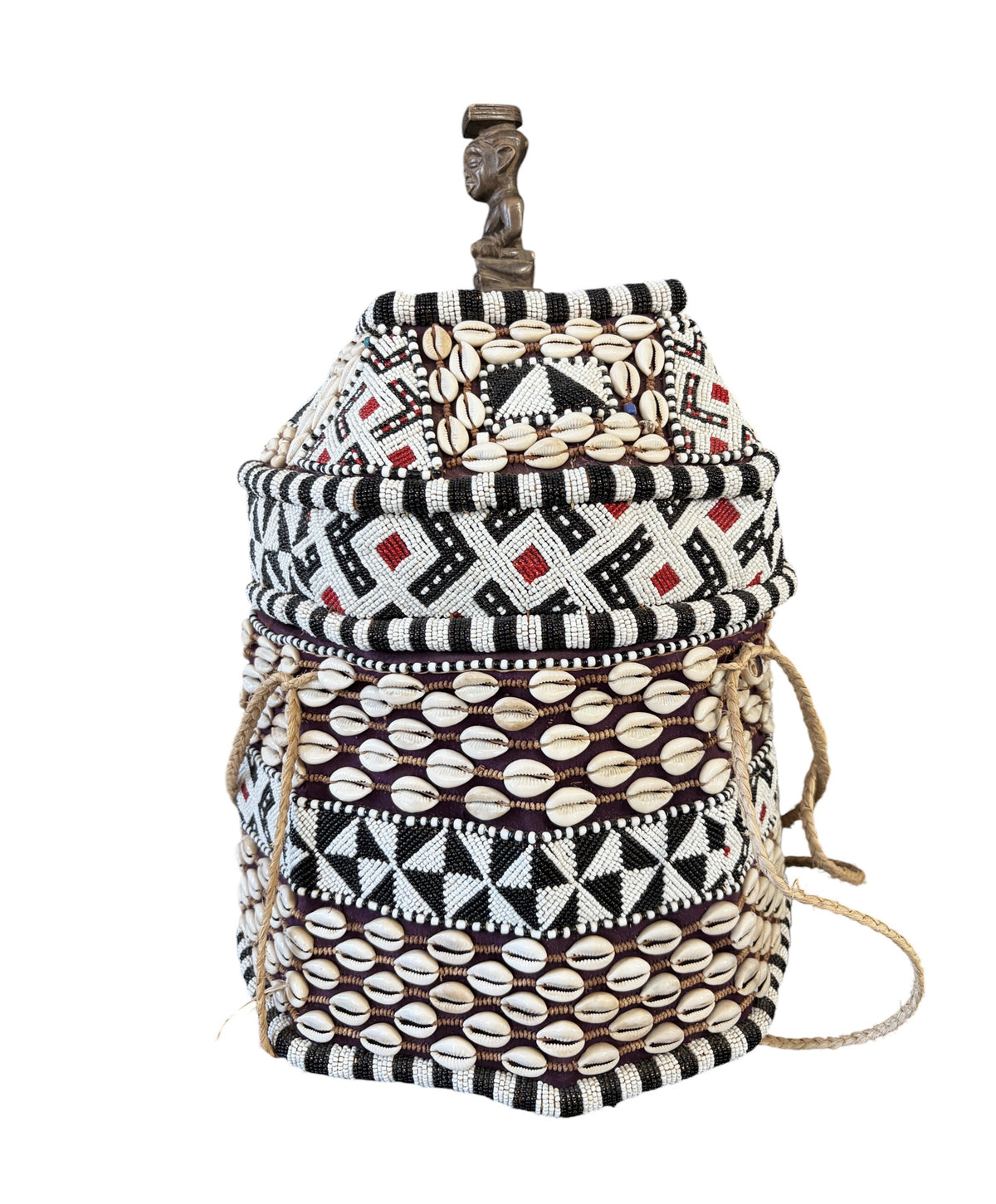 #1342 Vintage African Kuba Royal Beaded Basket Congo 21" H