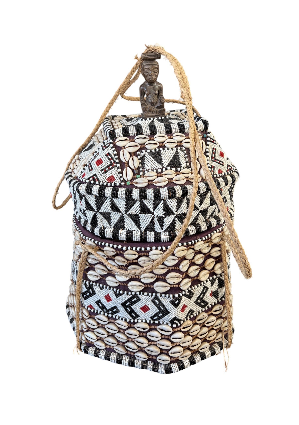 #1342 Vintage African Kuba Royal Beaded Basket Congo 21" H