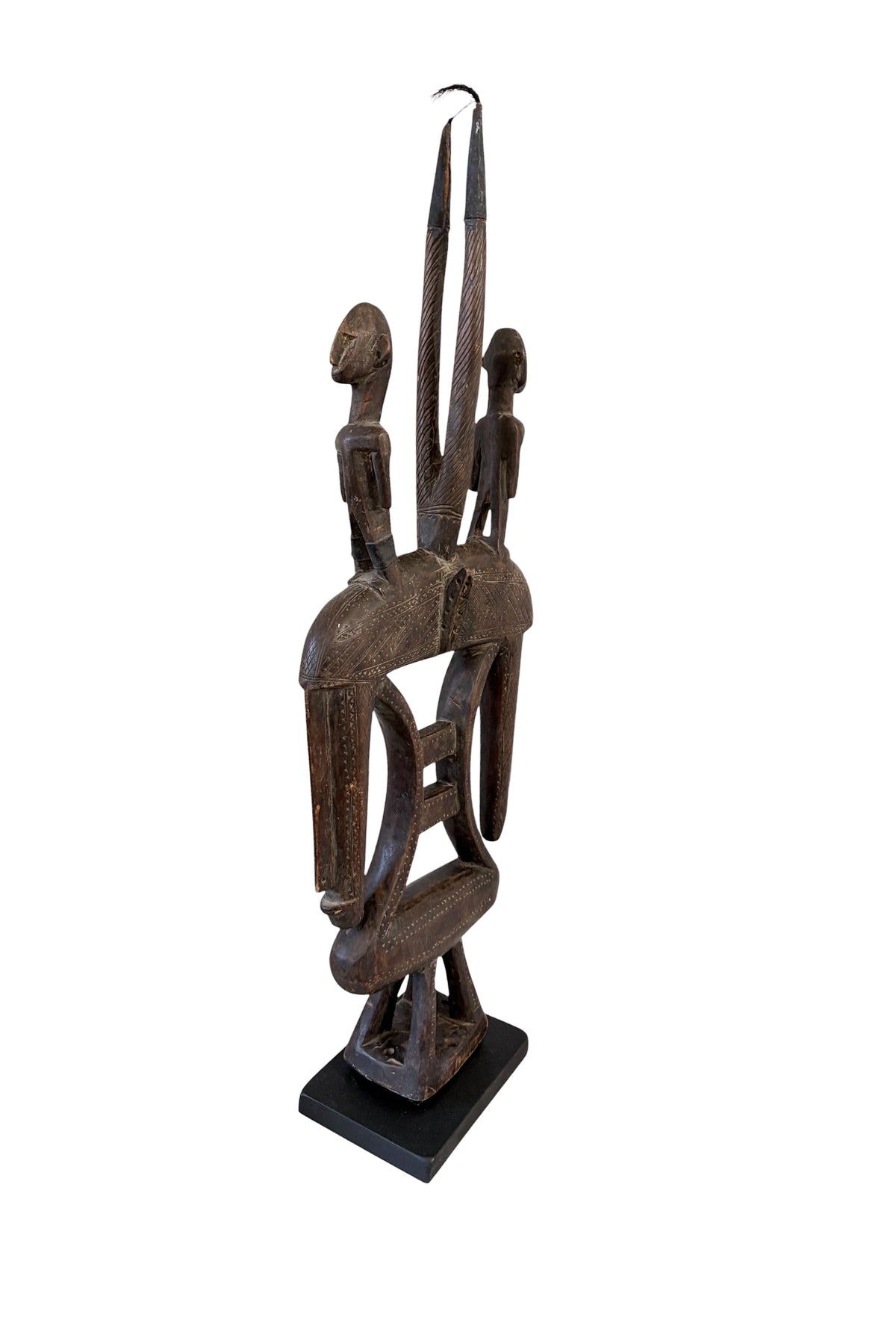 #1347  Vintage African  Wooden Chi Wara  Antelope Headdress or Crest Mask On Stand   Mali.