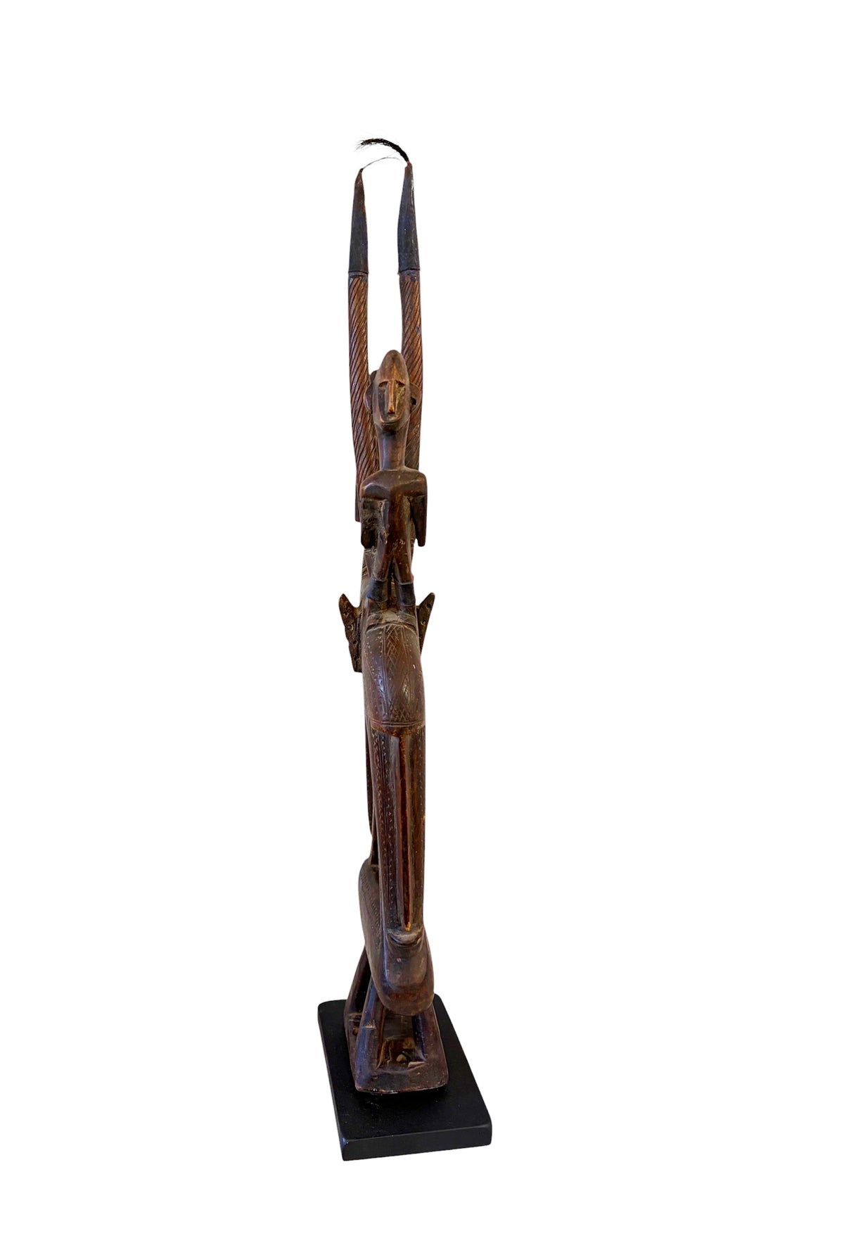 #1347  Vintage African  Wooden Chi Wara  Antelope Headdress or Crest Mask On Stand   Mali.