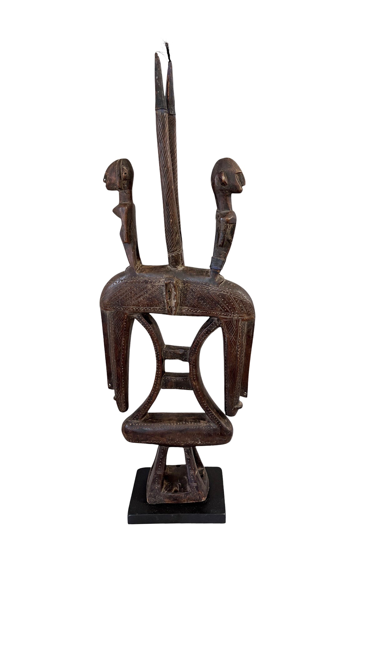 #1347  Vintage African  Wooden Chi Wara  Antelope Headdress or Crest Mask On Stand   Mali.