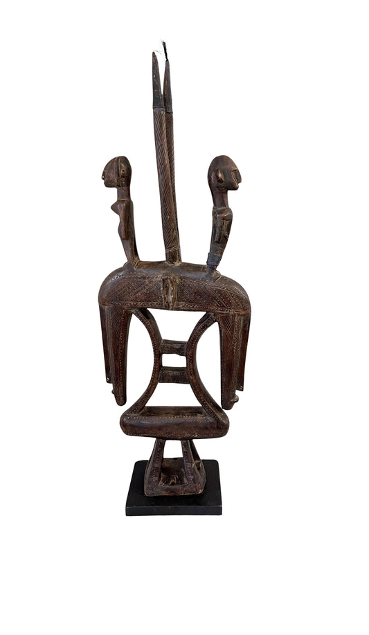 #1347  Vintage African  Wooden Chi Wara  Antelope Headdress or Crest Mask On Stand   Mali.