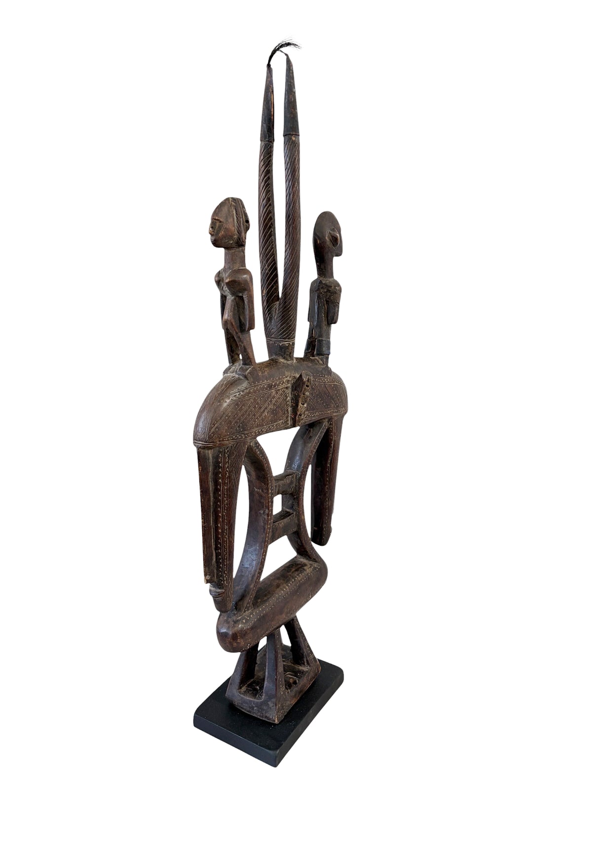 #1347  Vintage African  Wooden Chi Wara  Antelope Headdress or Crest Mask On Stand   Mali.