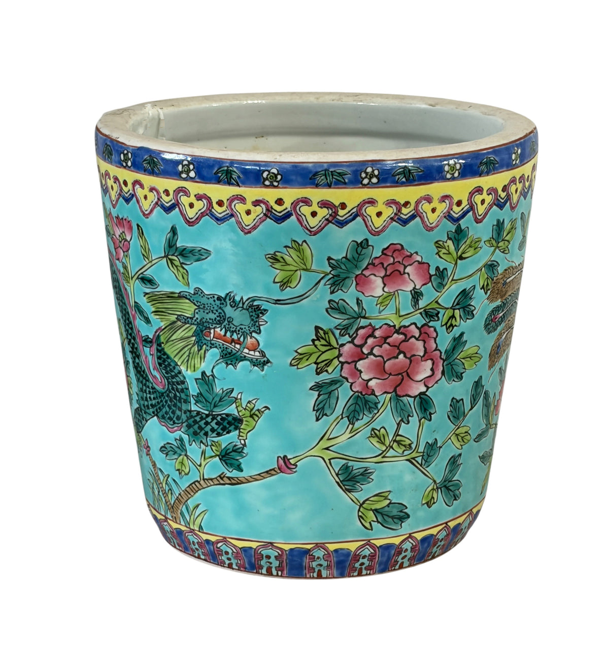 #5715 Vintage circa 1920 Chinoiserie Famille Rose Style  Porcelain Cachepot with Turquoise Glaze 8"H