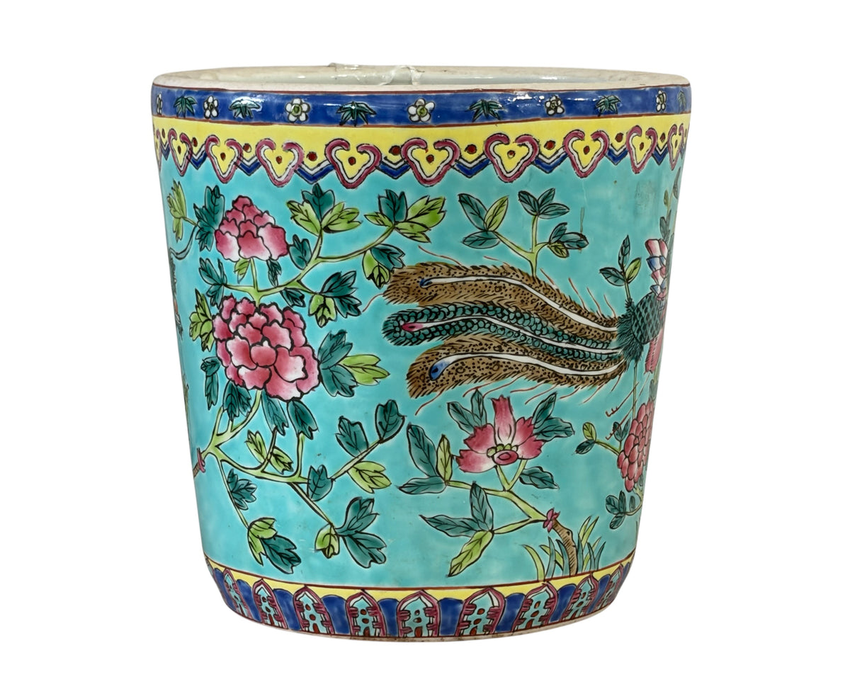 #5715 Vintage circa 1920 Chinoiserie Famille Rose Style  Porcelain Cachepot with Turquoise Glaze 8"H