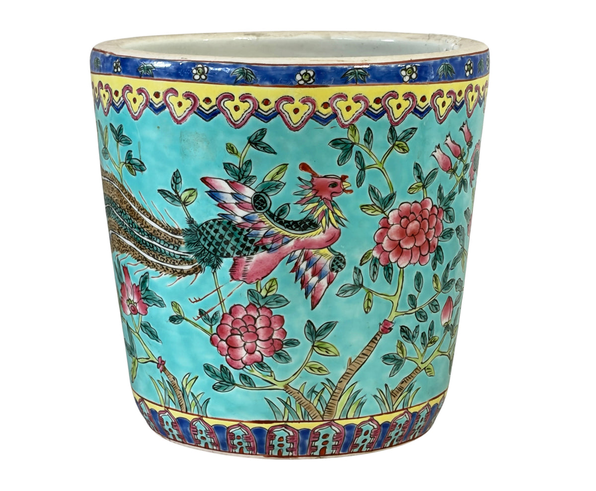 #5715 Vintage circa 1920 Chinoiserie Famille Rose Style  Porcelain Cachepot with Turquoise Glaze 8"H