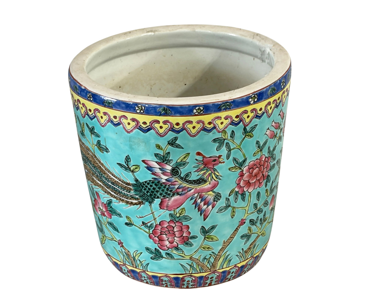 #5715 Vintage circa 1920 Chinoiserie Famille Rose Style  Porcelain Cachepot with Turquoise Glaze 8"H