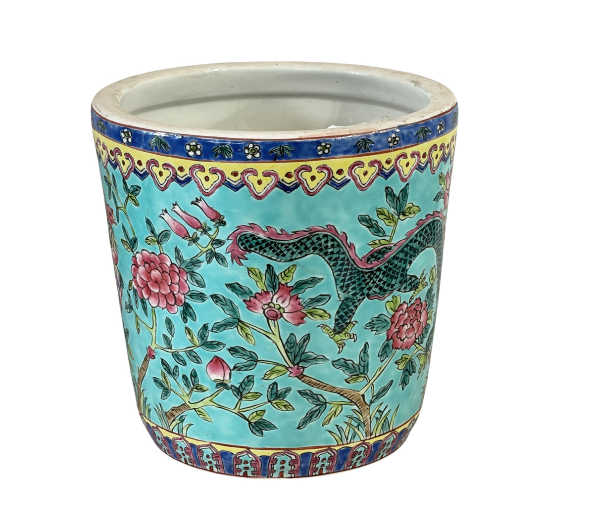 #5715 Vintage circa 1920 Chinoiserie Famille Rose Style  Porcelain Cachepot with Turquoise Glaze 8"H