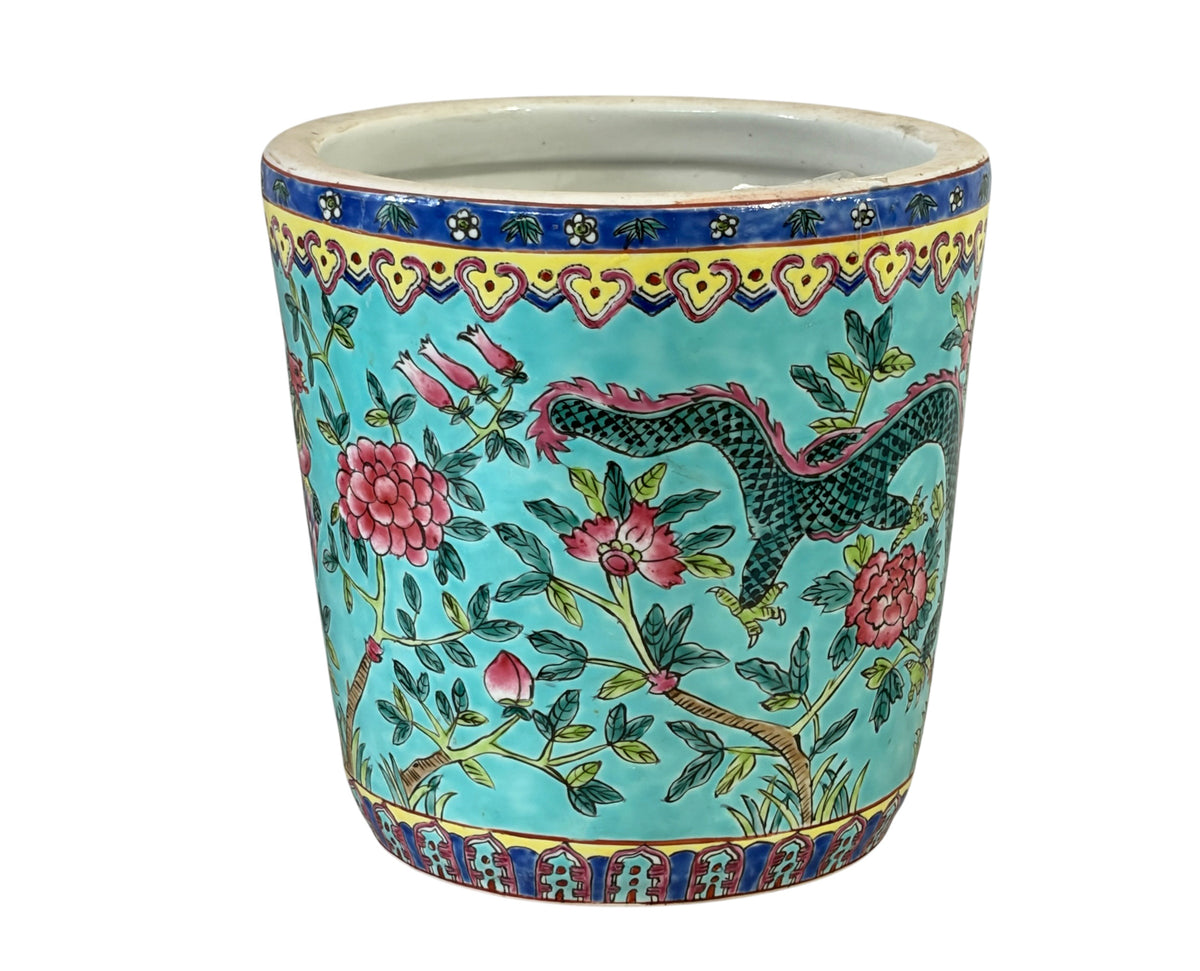 #5715 Vintage circa 1920 Chinoiserie Famille Rose Style  Porcelain Cachepot with Turquoise Glaze 8"H