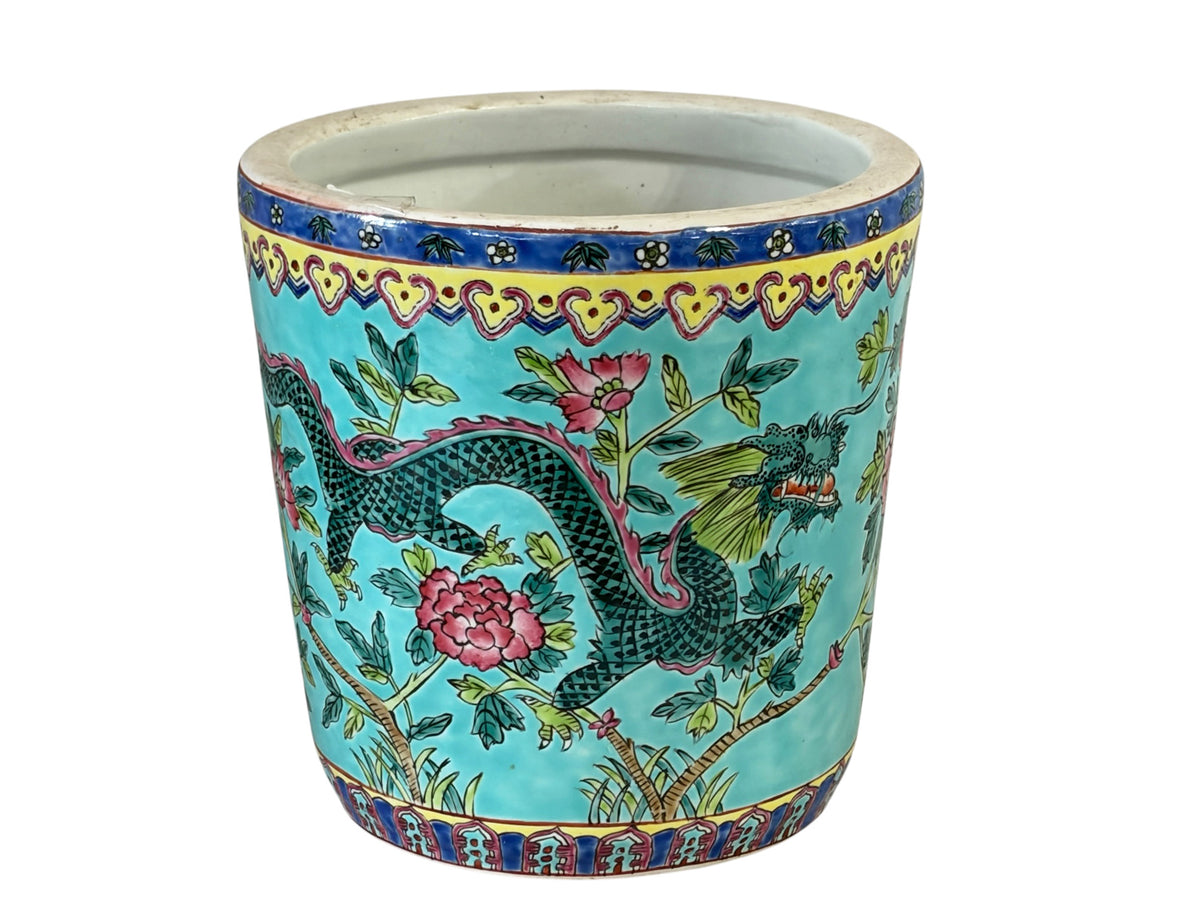 #5715 Vintage circa 1920 Chinoiserie Famille Rose Style  Porcelain Cachepot with Turquoise Glaze 8"H