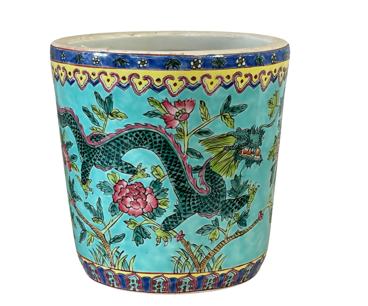 #5715 Vintage circa 1920 Chinoiserie Famille Rose Style  Porcelain Cachepot with Turquoise Glaze 8"H