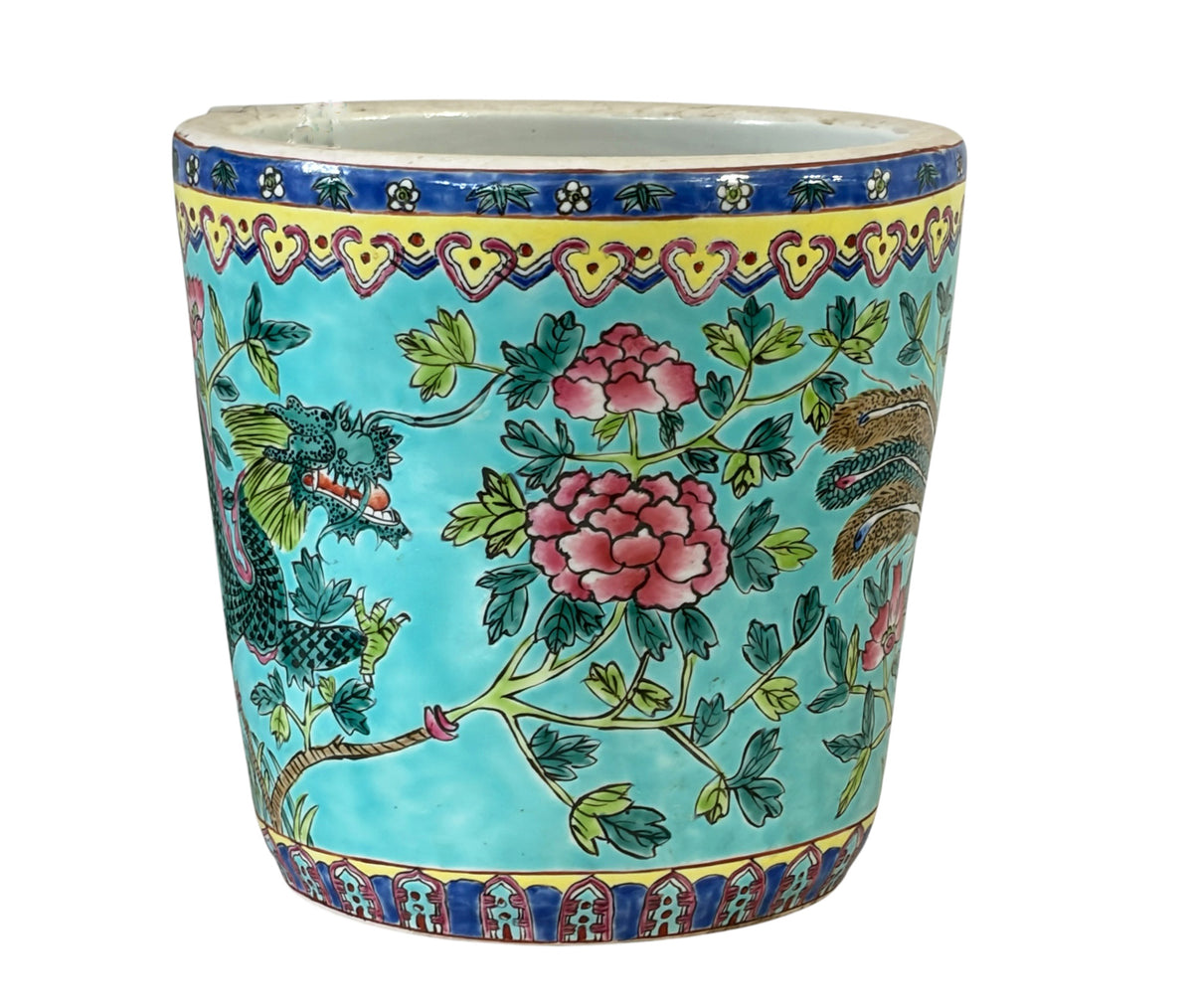 #5715 Vintage circa 1920 Chinoiserie Famille Rose Style  Porcelain Cachepot with Turquoise Glaze 8"H