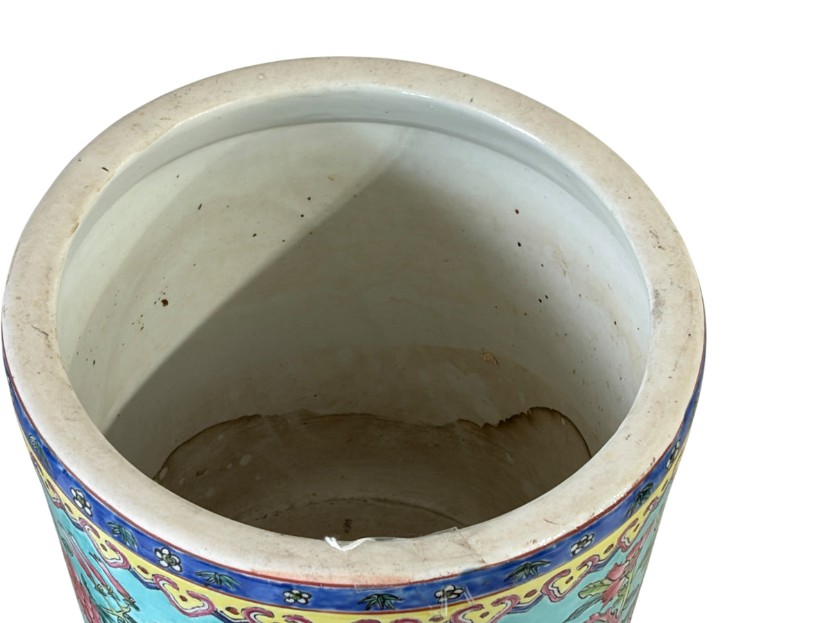 #5715 Vintage circa 1920 Chinoiserie Famille Rose Style  Porcelain Cachepot with Turquoise Glaze 8"H