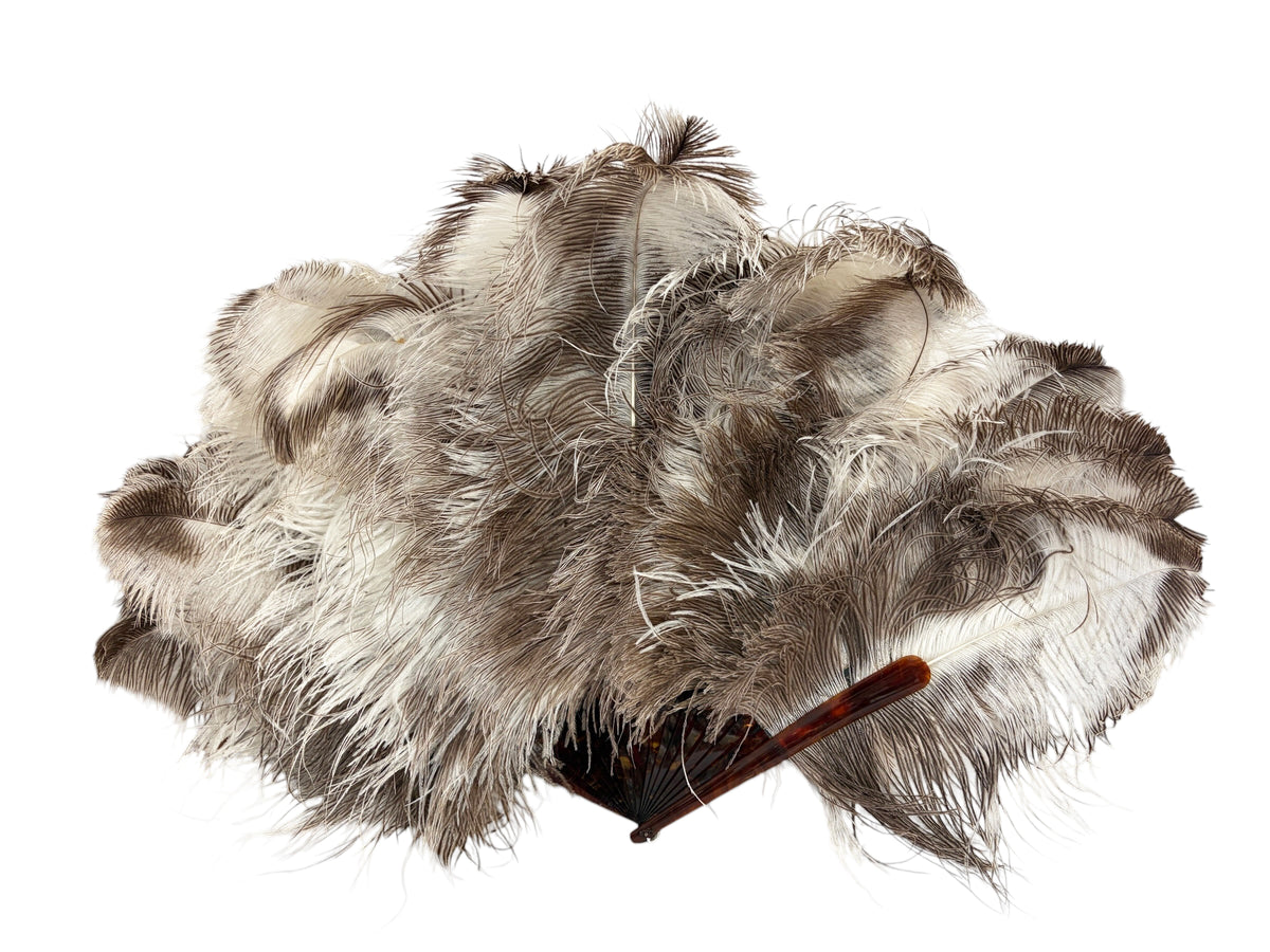 #6633 Antique Art Deco Folding hand fan W/ Natural  Ostrich feathers and a faux-tortoiseshell 20" H