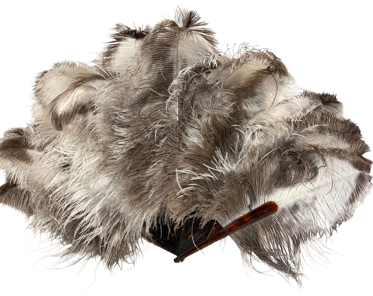 #6633 Antique Art Deco Folding hand fan W/ Natural  Ostrich feathers and a faux-tortoiseshell 20" H