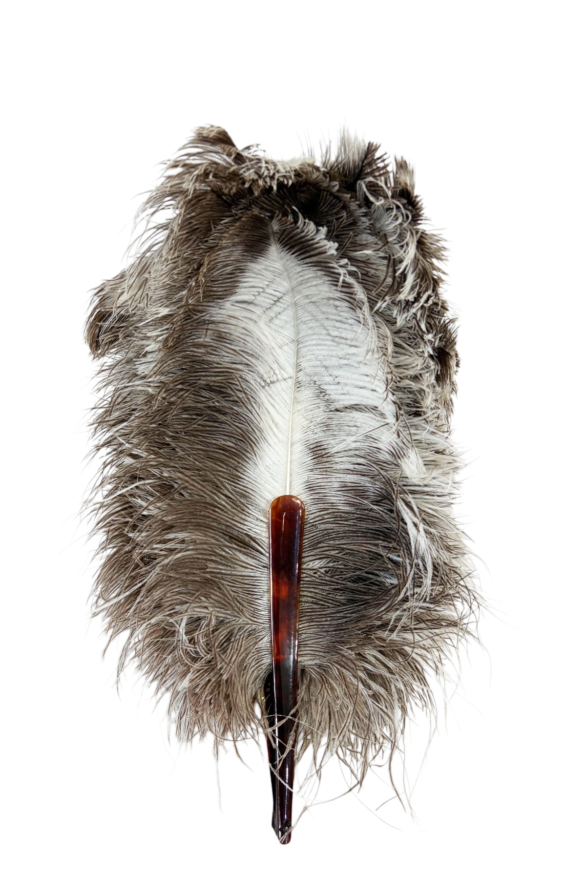 #6633 Antique Art Deco Folding hand fan W/ Natural  Ostrich feathers and a faux-tortoiseshell 20" H