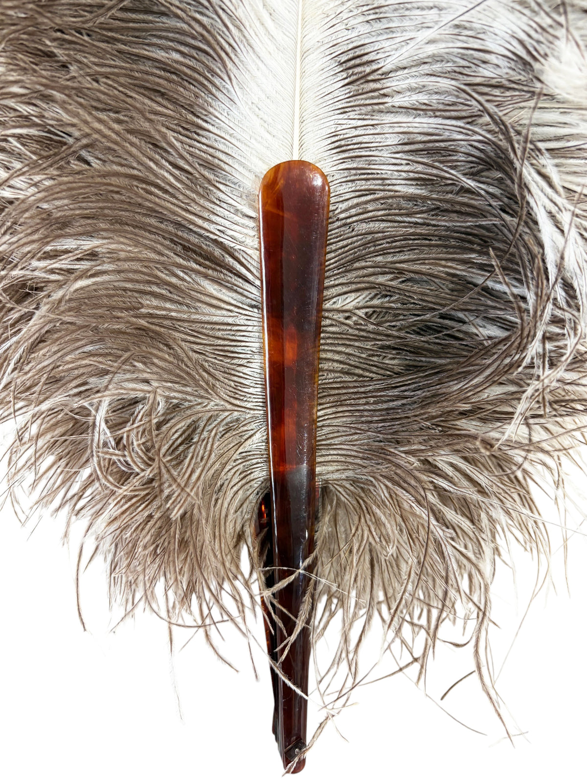#6633 Antique Art Deco Folding hand fan W/ Natural  Ostrich feathers and a faux-tortoiseshell 20" H