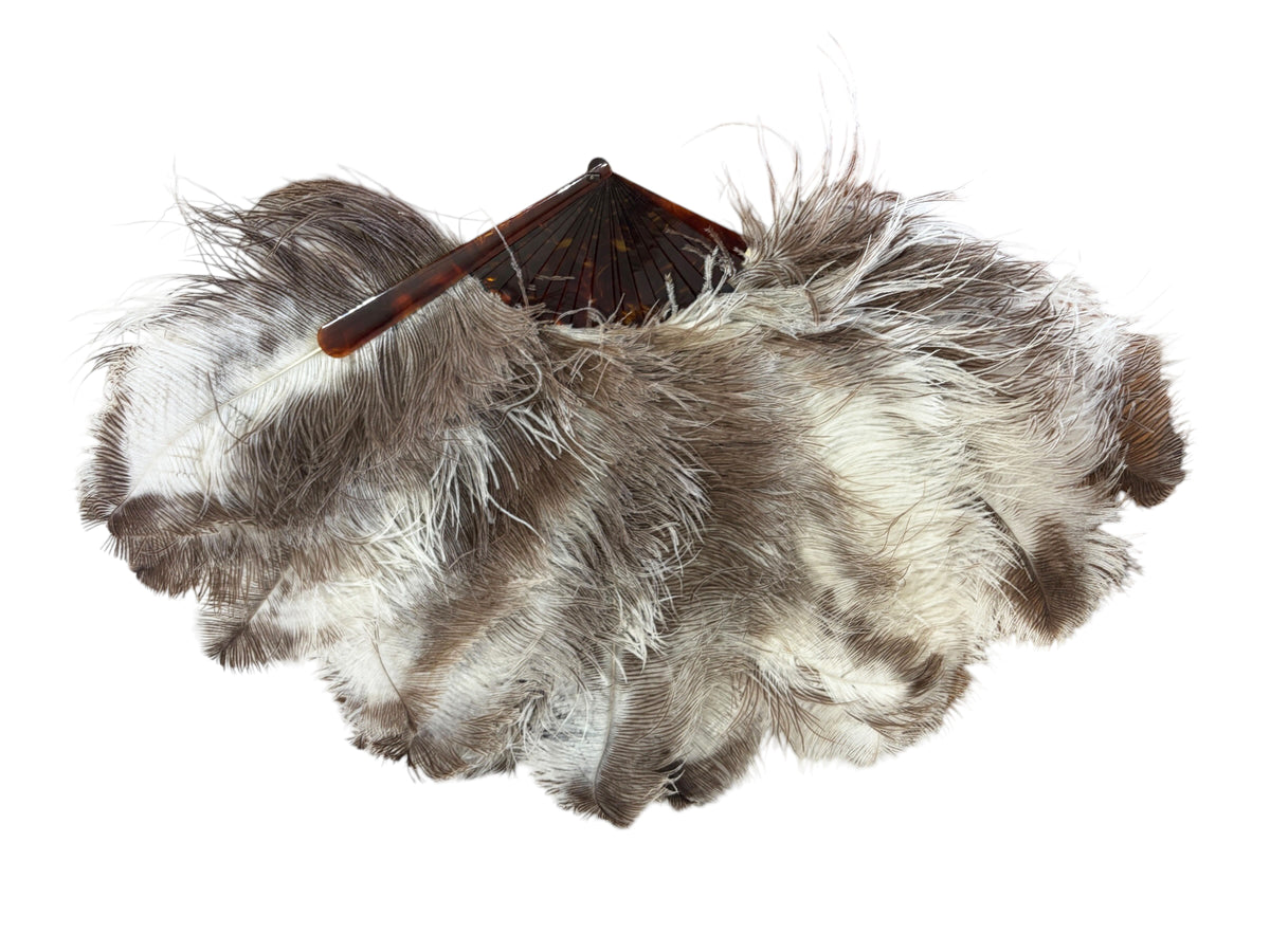 #6633 Antique Art Deco Folding hand fan W/ Natural  Ostrich feathers and a faux-tortoiseshell 20" H