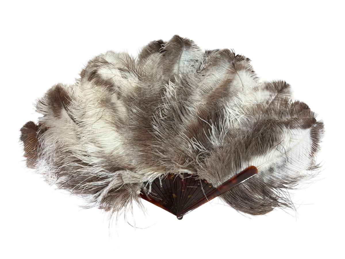 #6633 Antique Art Deco Folding hand fan W/ Natural  Ostrich feathers and a faux-tortoiseshell 20" H