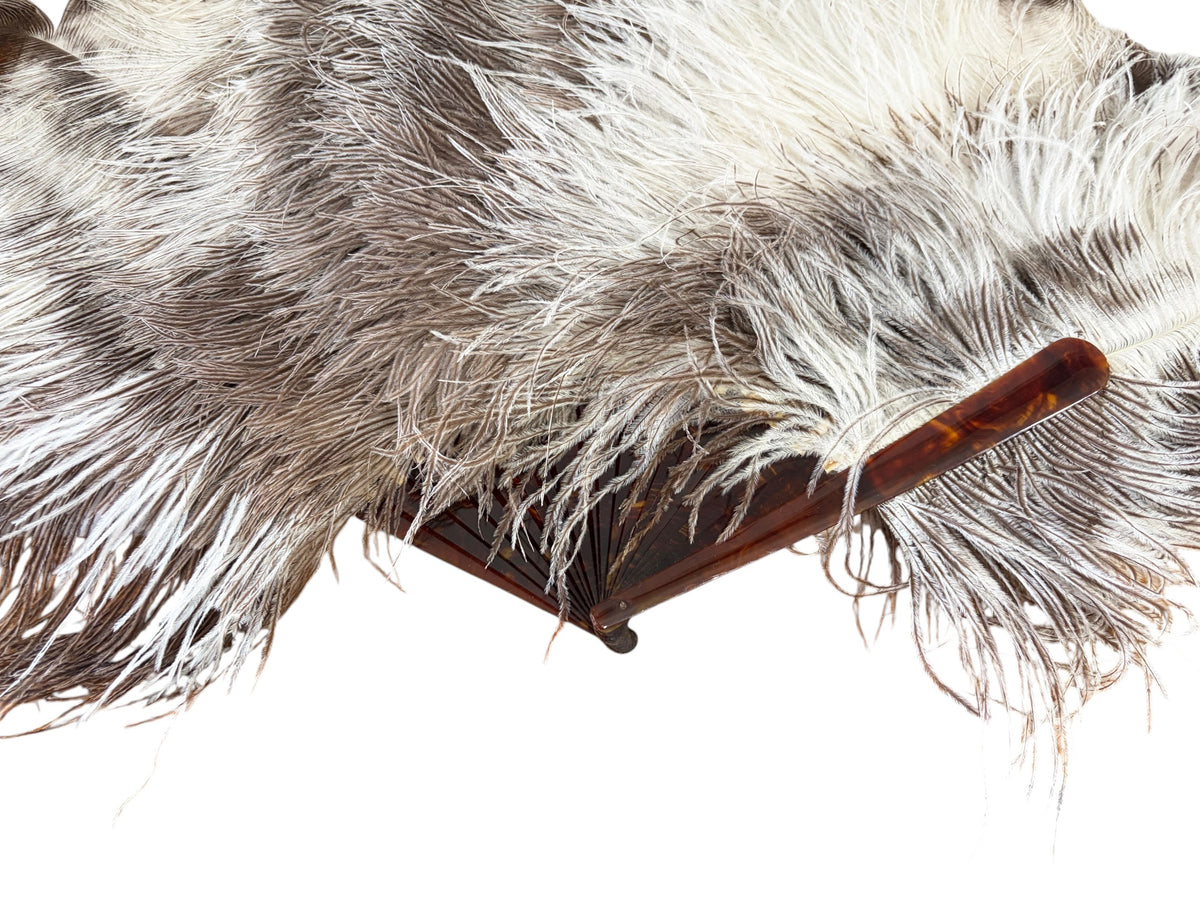 #6633 Antique Art Deco Folding hand fan W/ Natural  Ostrich feathers and a faux-tortoiseshell 20" H