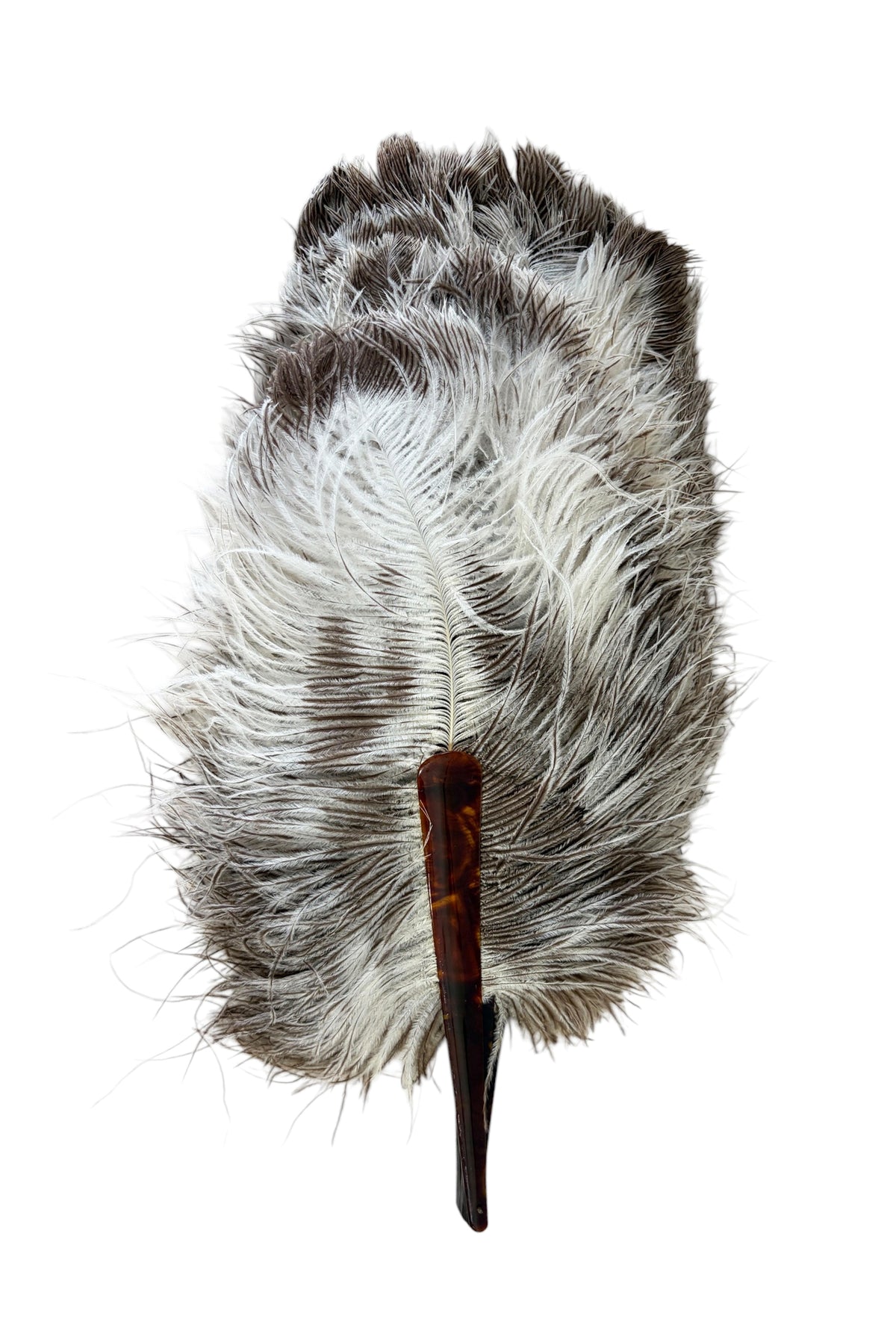 #6633 Antique Art Deco Folding hand fan W/ Natural  Ostrich feathers and a faux-tortoiseshell 20" H