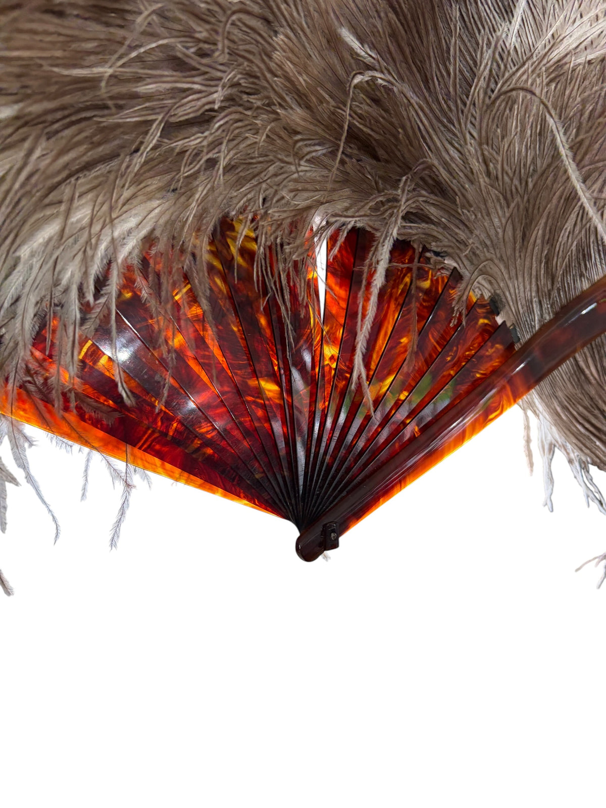 #6633 Antique Art Deco Folding hand fan W/ Natural  Ostrich feathers and a faux-tortoiseshell 20" H