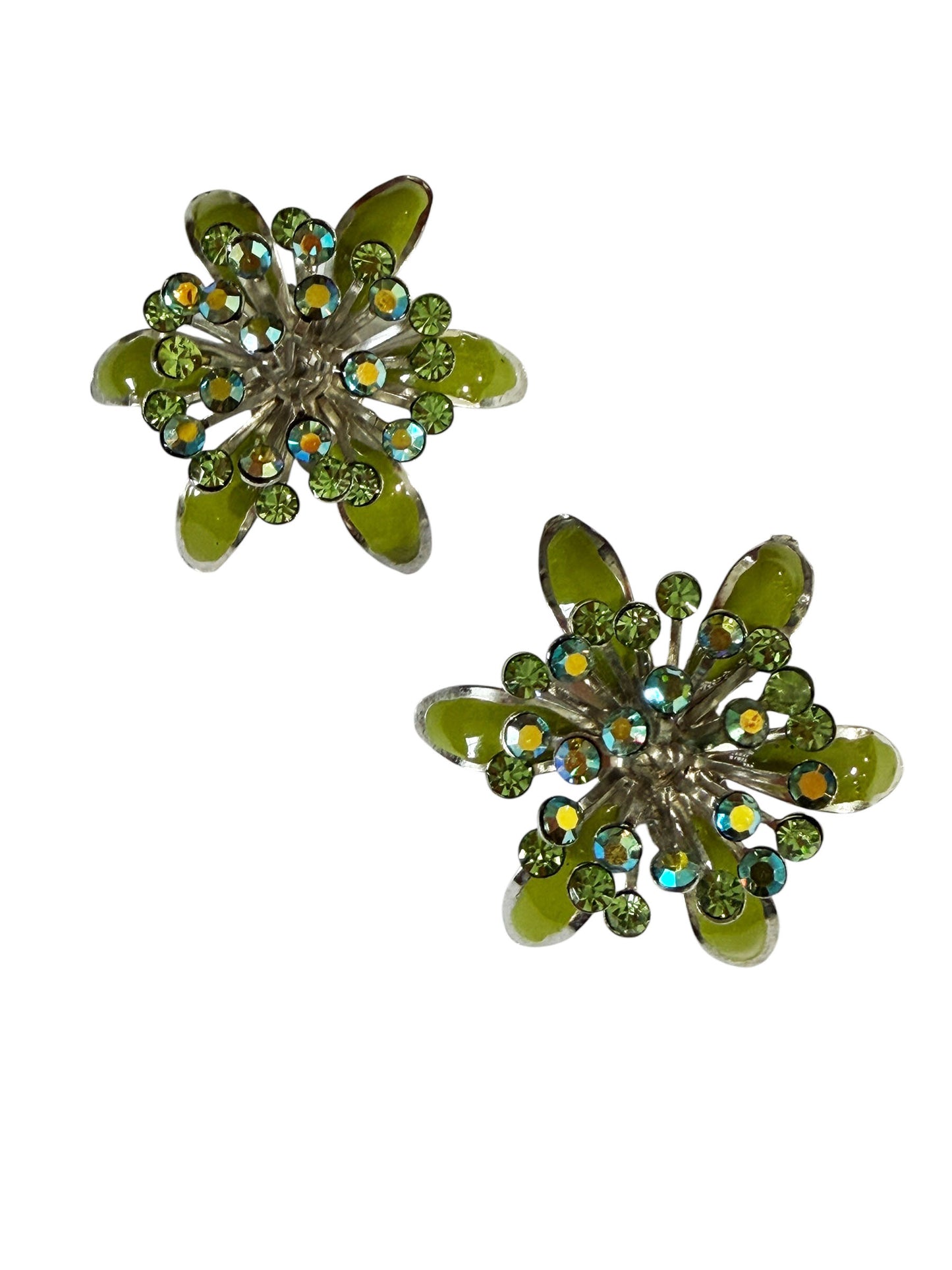 #22 Vintage Green Enamel and Aurora Borealis Rhinestone  Earrings