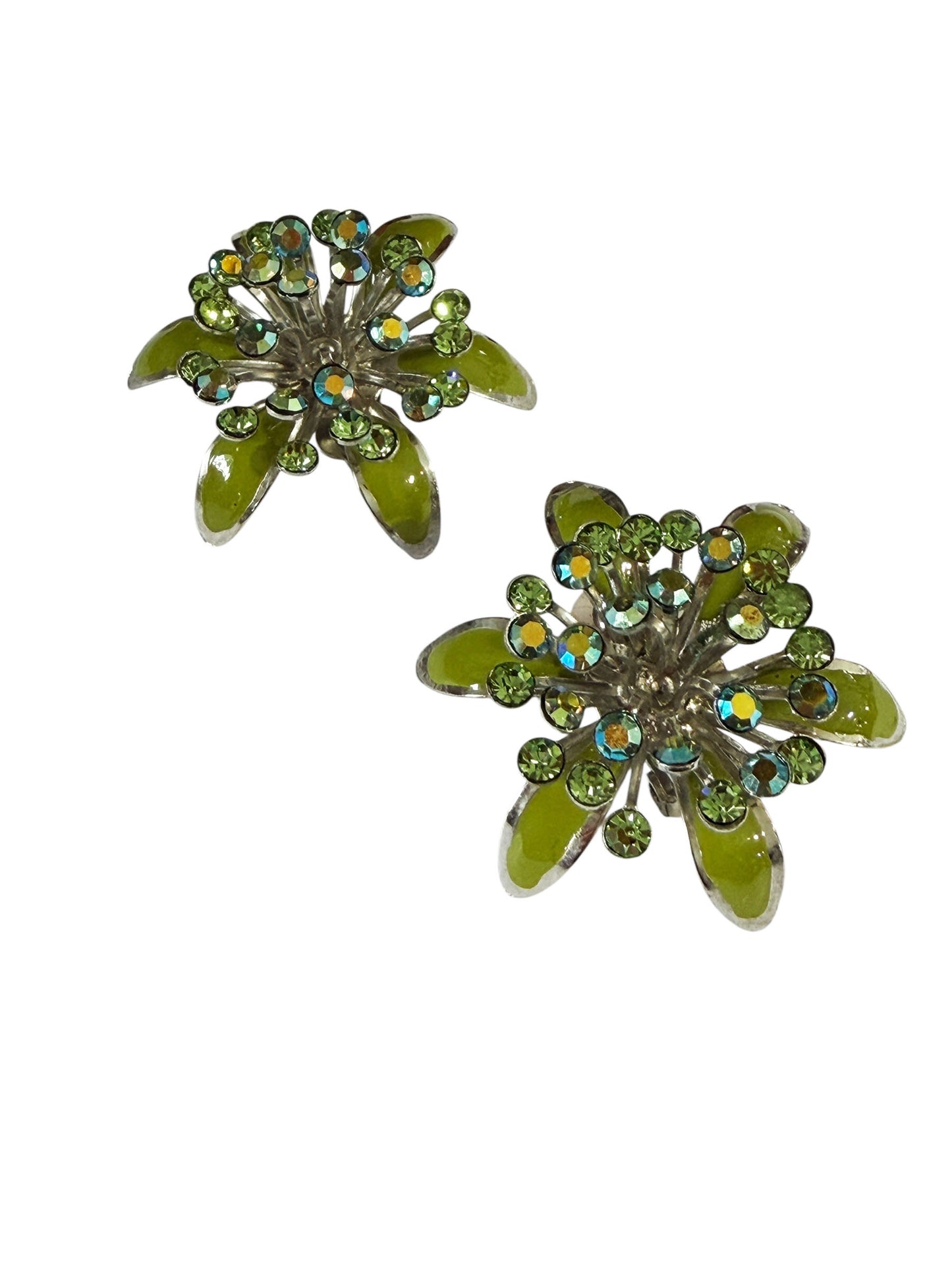 #22 Vintage Green Enamel and Aurora Borealis Rhinestone  Earrings