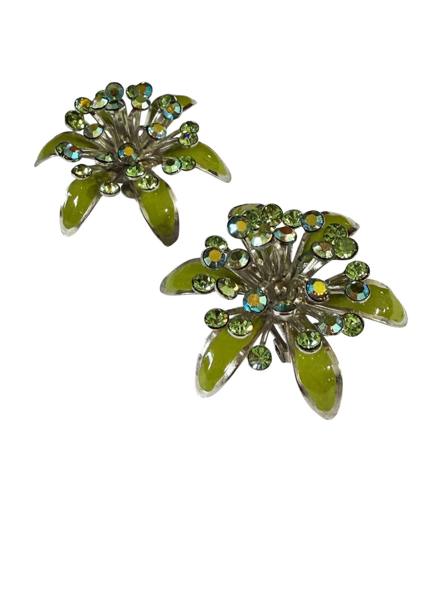 #22 Vintage Green Enamel and Aurora Borealis Rhinestone  Earrings