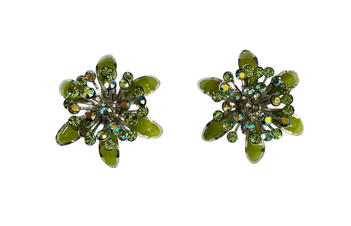 #22 Vintage Green Enamel and Aurora Borealis Rhinestone  Earrings