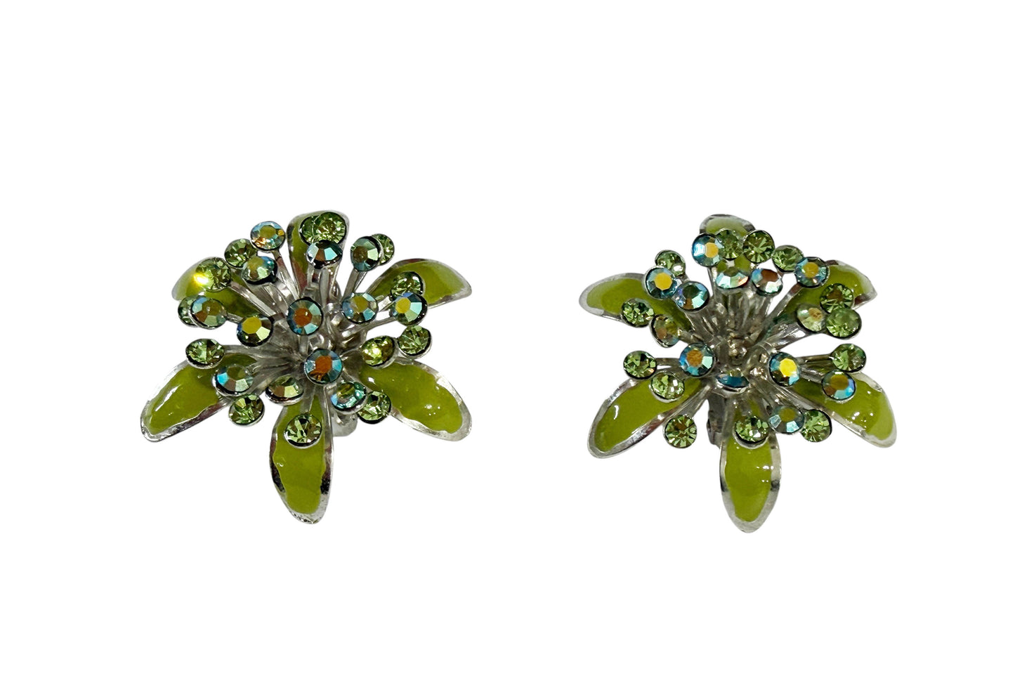 #22 Vintage Green Enamel and Aurora Borealis Rhinestone  Earrings
