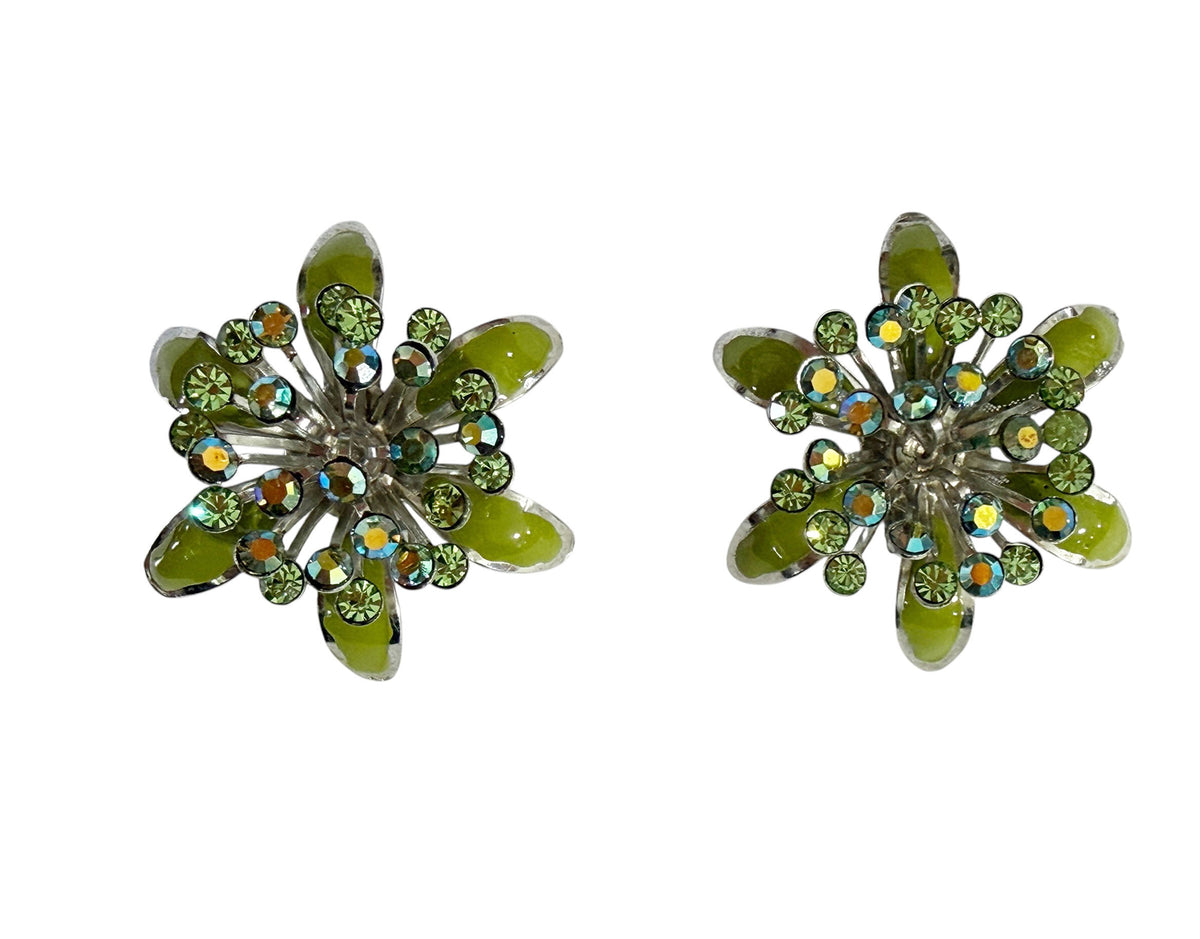 #22 Vintage Green Enamel and Aurora Borealis Rhinestone  Earrings