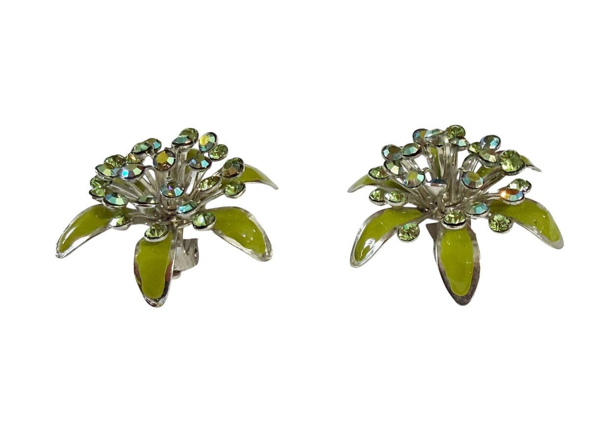 #22 Vintage Green Enamel and Aurora Borealis Rhinestone  Earrings