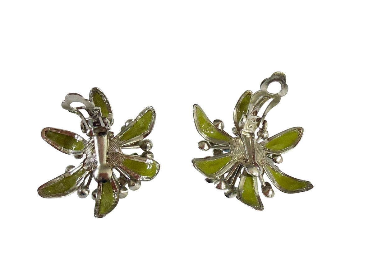 #22 Vintage Green Enamel and Aurora Borealis Rhinestone  Earrings