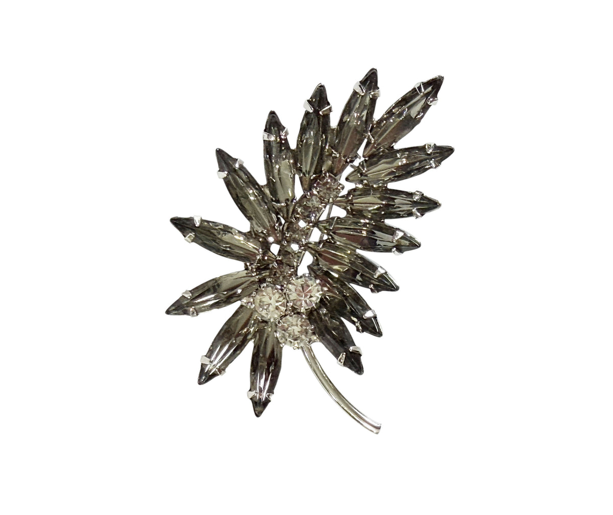 #48 Vintage white Gold Tone Rhinestone Brooch Floral Leaf Cluster Pin w/Faux Marquise Crystal