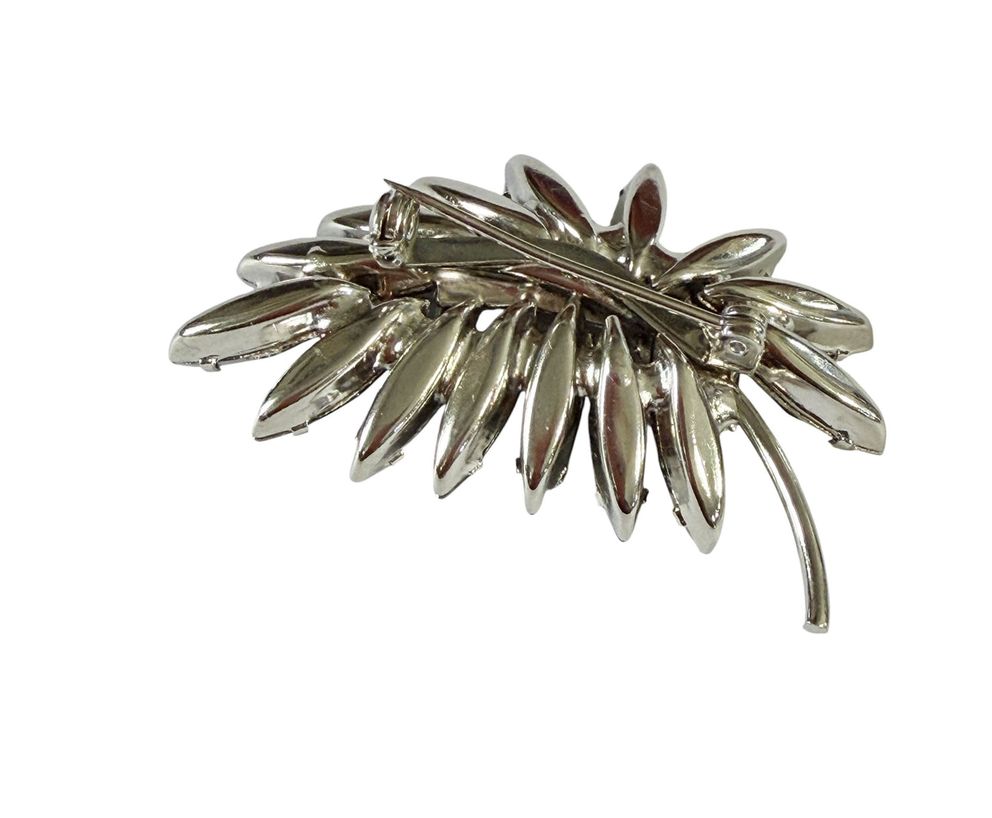 #48 Vintage white Gold Tone Rhinestone Brooch Floral Leaf Cluster Pin w/Faux Marquise Crystal