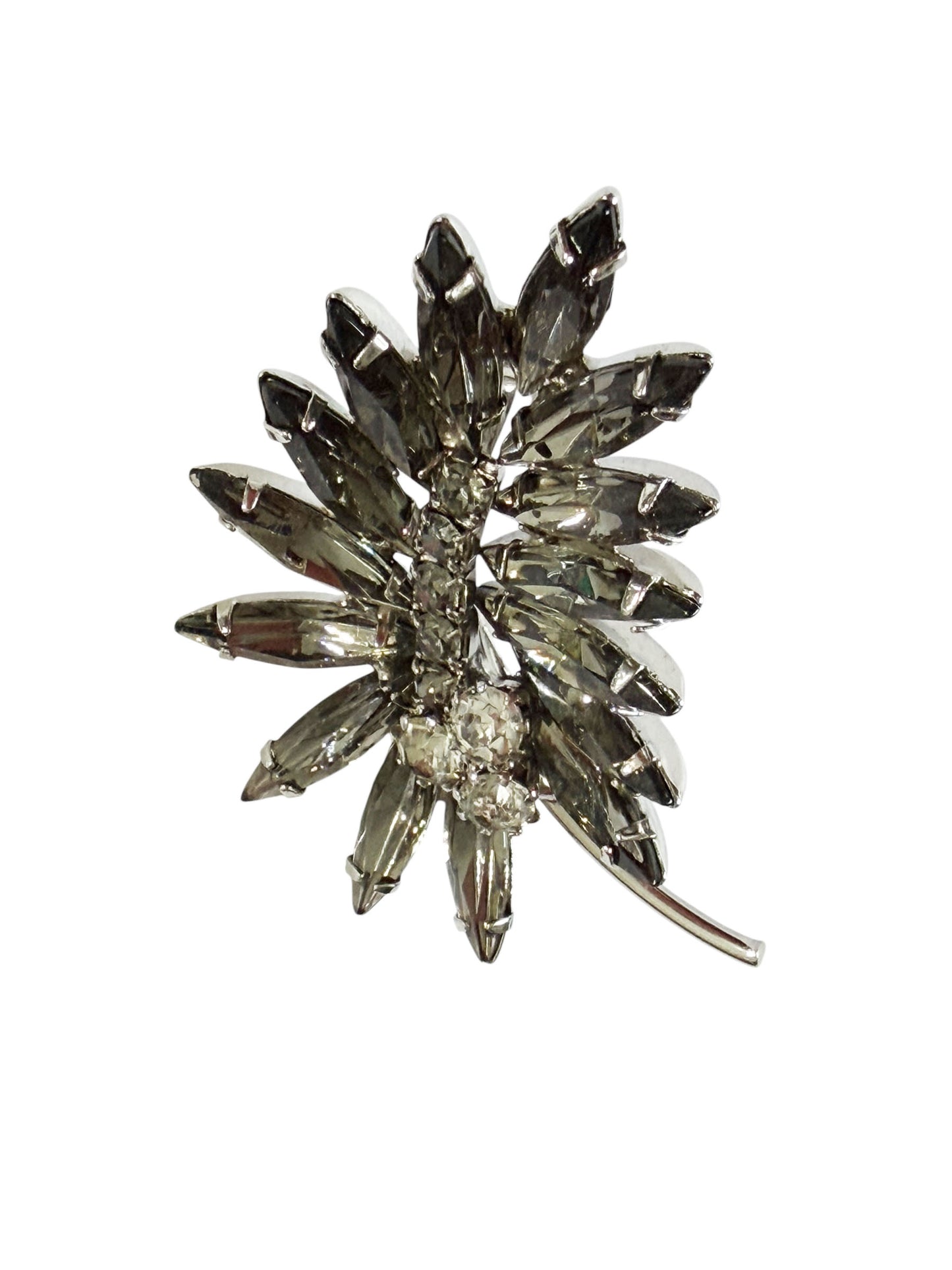 #48 Vintage white Gold Tone Rhinestone Brooch Floral Leaf Cluster Pin w/Faux Marquise Crystal