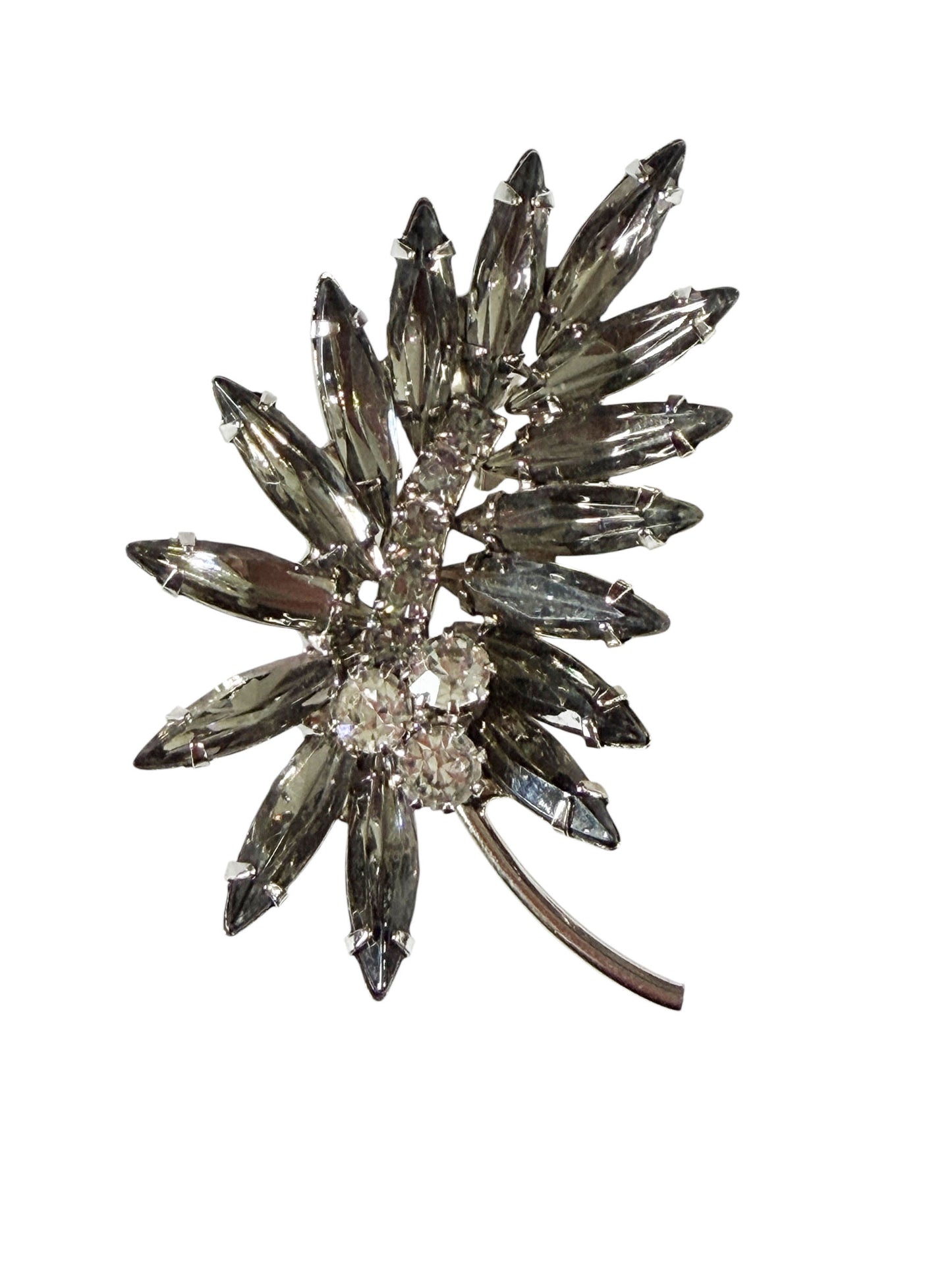 #48 Vintage white Gold Tone Rhinestone Brooch Floral Leaf Cluster Pin w/Faux Marquise Crystal